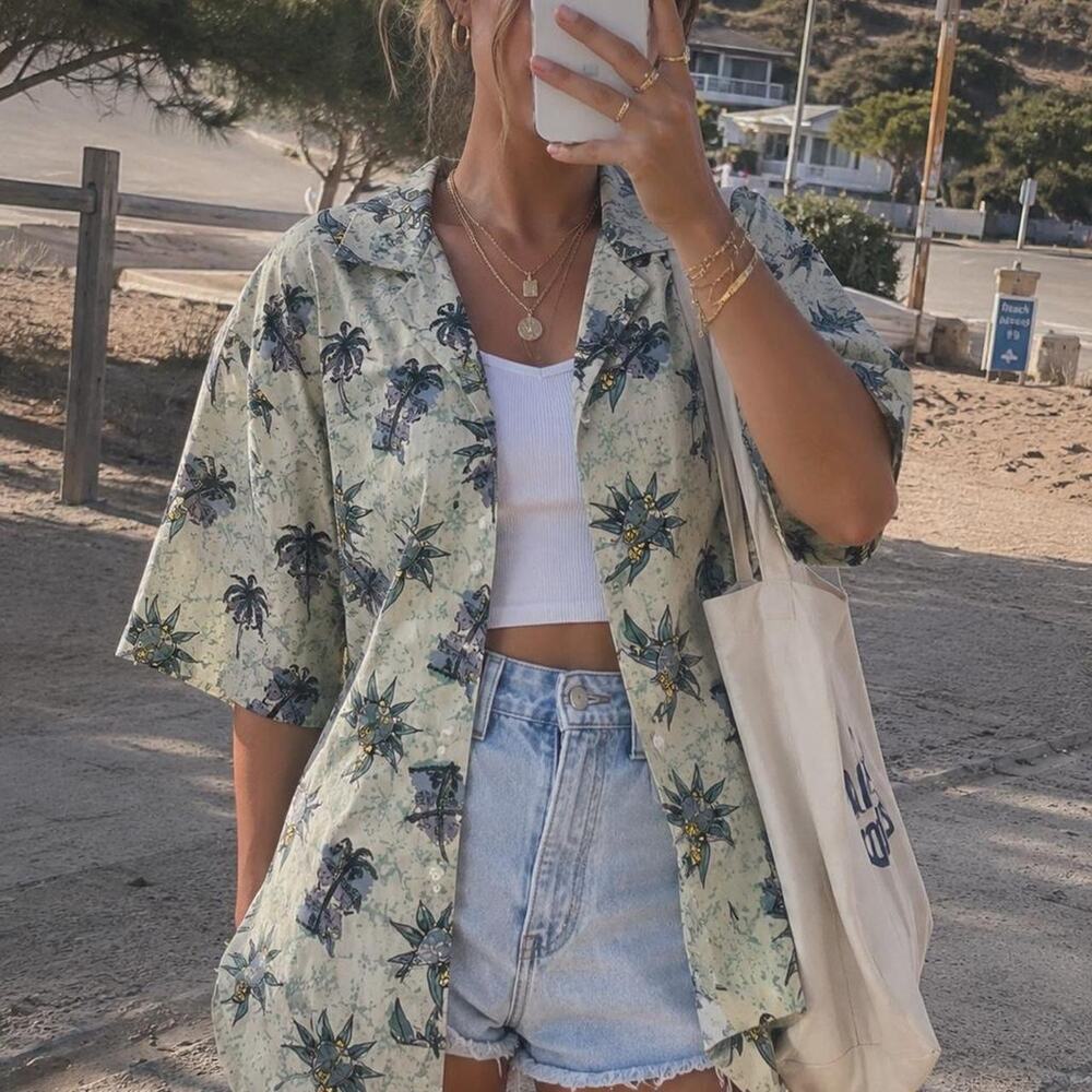 Vintage Protest Clothing Tropical Rayon Button Up Shirt Palm Print Size L